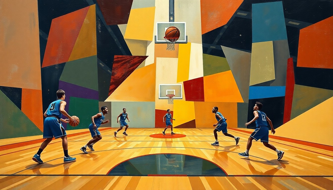 A cubist-style painting featuring sharp, overlapping geometric shapes and planes of color that abstractly represent the court, players, and ball of a high school basketball game, conveying the sport's energy and movement.
