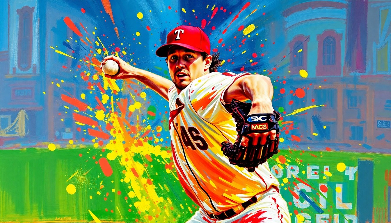 An abstract, expressionist painting featuring bold, neon-colored brushstrokes that capture the raw, chaotic energy of a baseball pitcher struggling on the mound, with the pitcher's face and uniform dissolving into unrecognizable splatters of paint.