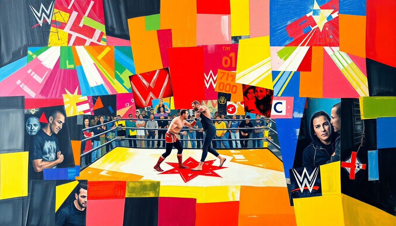 A cubist, geometric painting depicting a fragmented, multi-angled view of a wrestling match, with bright primary colors and sharp, overlapping shapes representing the intense action and energy of the sport.
