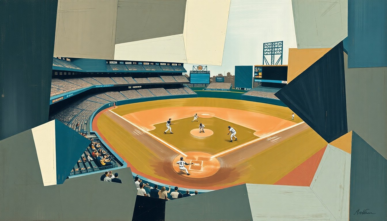 A cubist-style painting depicting a fragmented, geometric representation of a baseball outfield, with players and the field blending into overlapping shapes and planes in muted earth tones and blues.