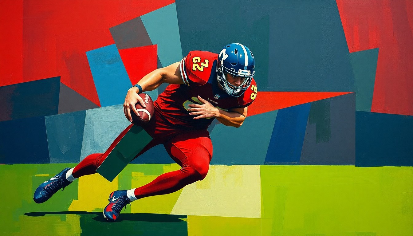 A cubist-style painting depicting a football player making a tackle, with the action broken down into sharp, overlapping geometric shapes in a palette of deep red, navy blue, and forest green, conveying the conceptual idea of the Chiefs' defensive reconstruction through the upcoming draft.