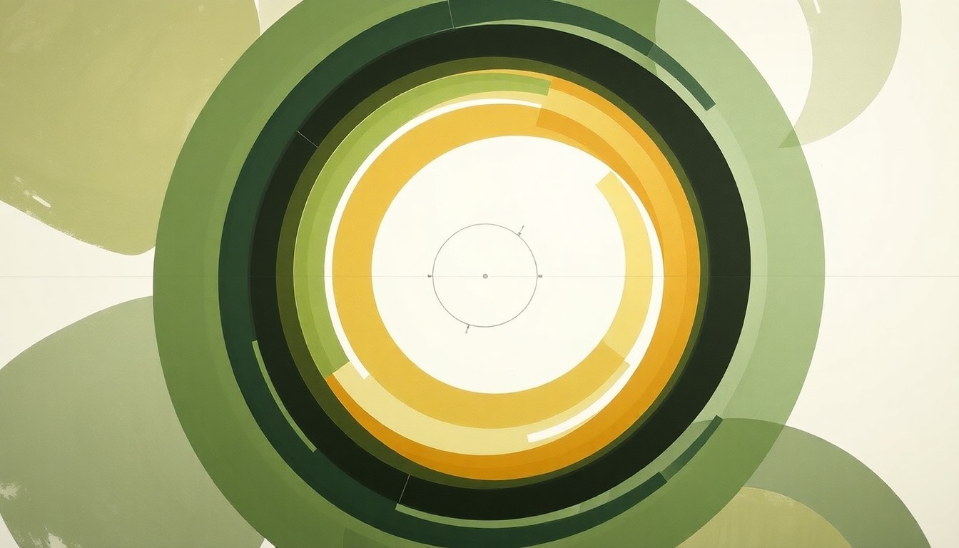 A bold, geometric abstract painting in muted earth tones, featuring sweeping arcs, concentric circles, and precise botanical spirals, conceptually representing the complex chemical compositions and environmental risks of paraquat and dicamba pesticides.