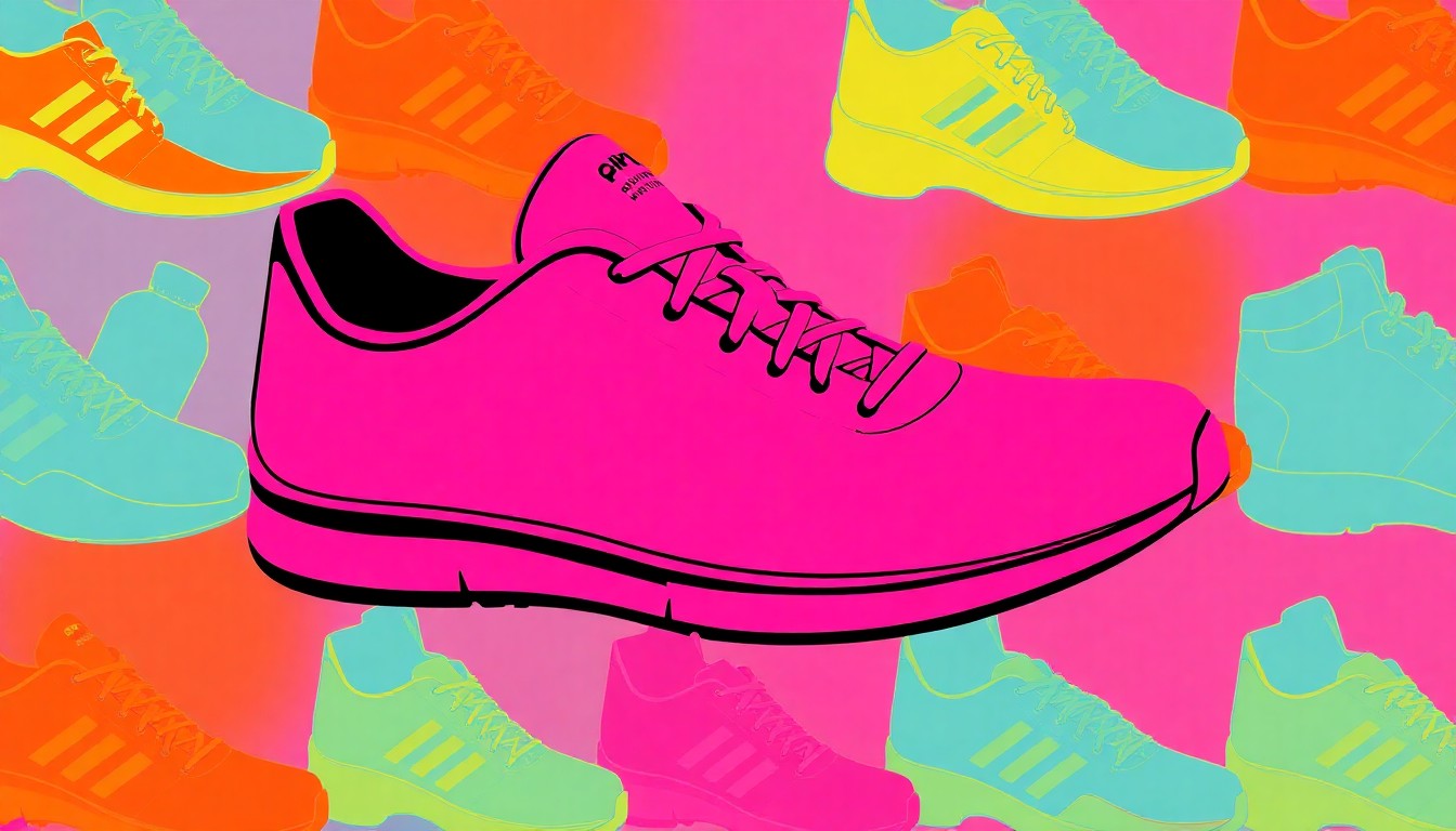 A brightly colored, high-contrast silkscreen print of a running shoe repeated in a tight grid pattern, utilizing flat, vibrant neon colors and heavy black outlines to transform the everyday object into modern pop art.