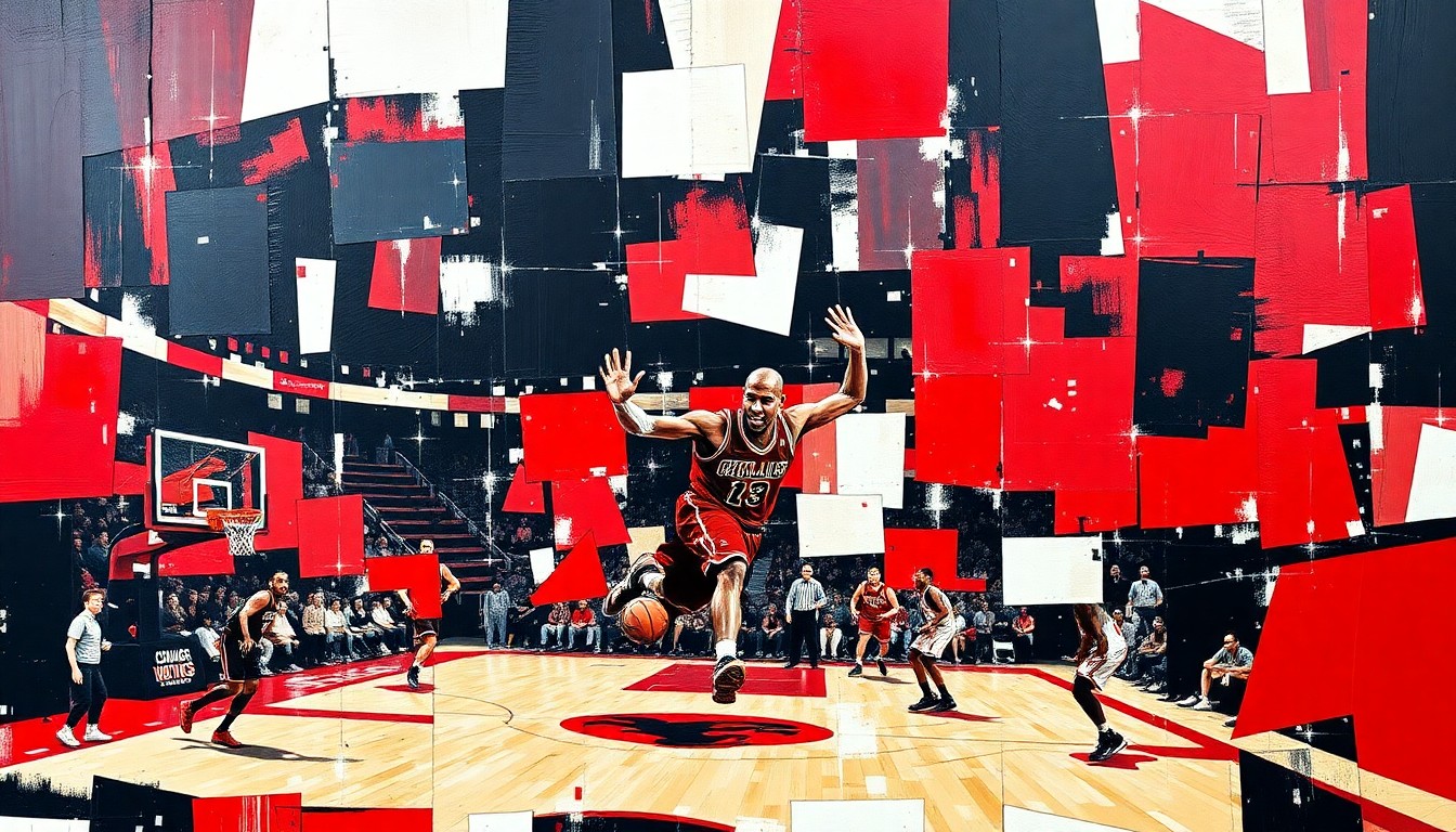 A cubist, geometric painting depicting a basketball game or match, with the players and court broken down into sharp, overlapping planes of red, black, and white colors representing the Chicago Bulls' official team colors.