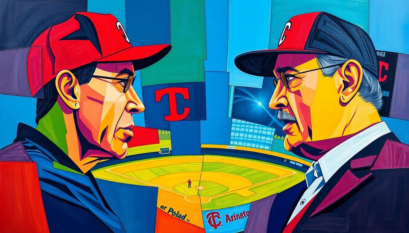 A cubist, geometric painting in Twins team colors depicting an intense argument between two figures, representing the heated exchange between a Twins fan and team owner.