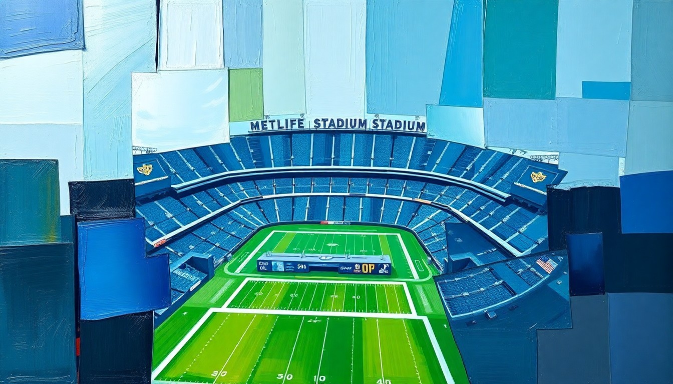 A cubist, geometric painting depicting the iconic MetLife Stadium deconstructed into overlapping planes of blue, green, and gray, conceptually representing the temporary rebranding of the venue for the 2026 World Cup.