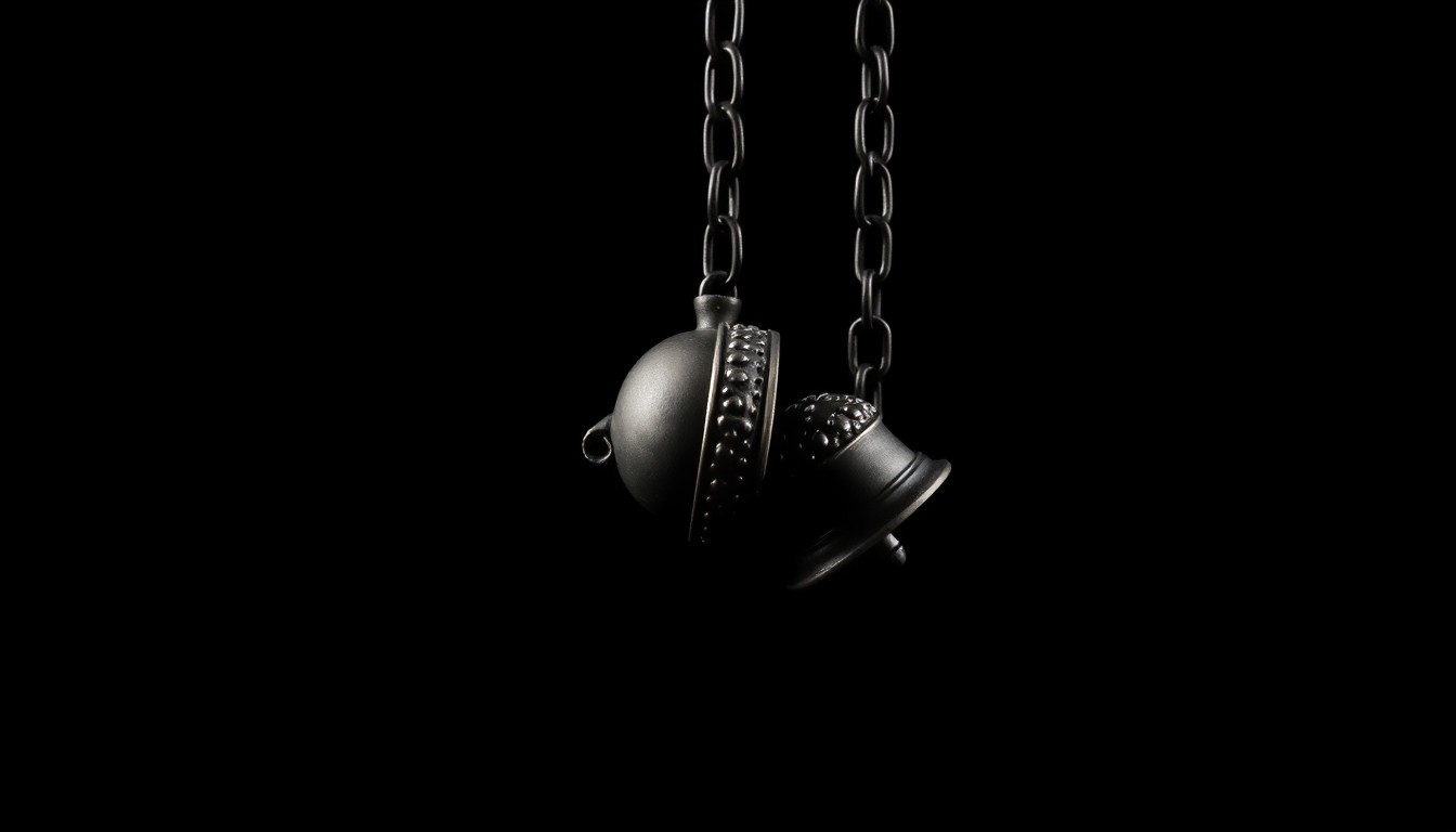 An extreme close-up photograph of a broken decorative bell and chain against a pitch-black background, conveying the stark, gritty aftermath of a home invasion through dramatic lighting and texture.