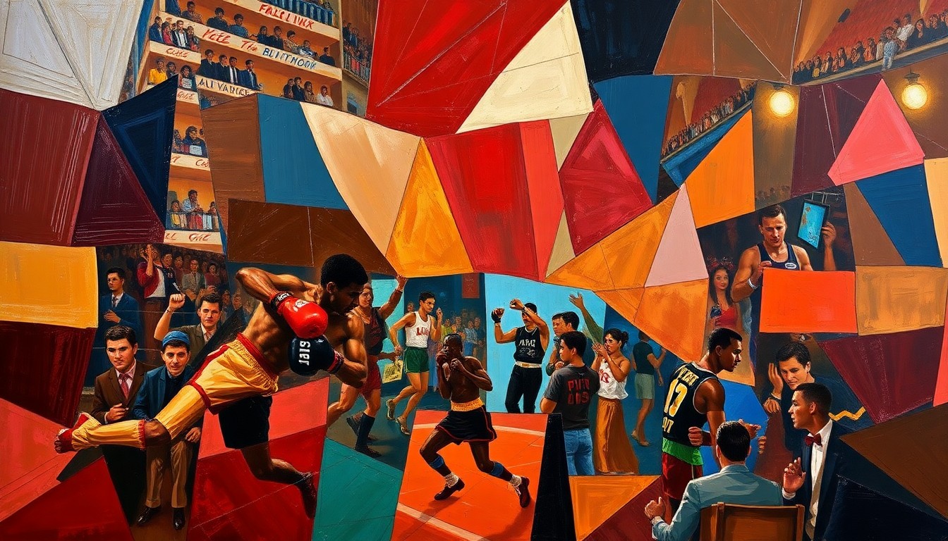 A cubist-style painting featuring overlapping geometric shapes and planes in deep reds, browns, and blues, conceptually representing the fragmented perspectives and complex emotions surrounding Terence Crawford's traffic stop incident.