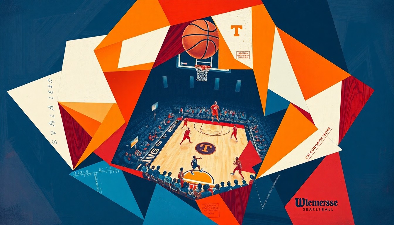 A fragmented, geometric painting in navy, orange, and red tones depicts the dynamic action of a basketball game, representing the high-stakes recruitment of star prospect Chris Washington Jr.