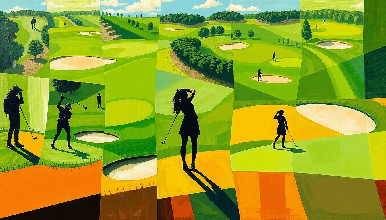 A fragmented, geometric painting depicting the abstract shapes and forms of a girls golf tournament, with overlapping planes of green grass, sand traps, and shadowy figures of golfers, conveying the dynamic motion and competitive spirit of the event.