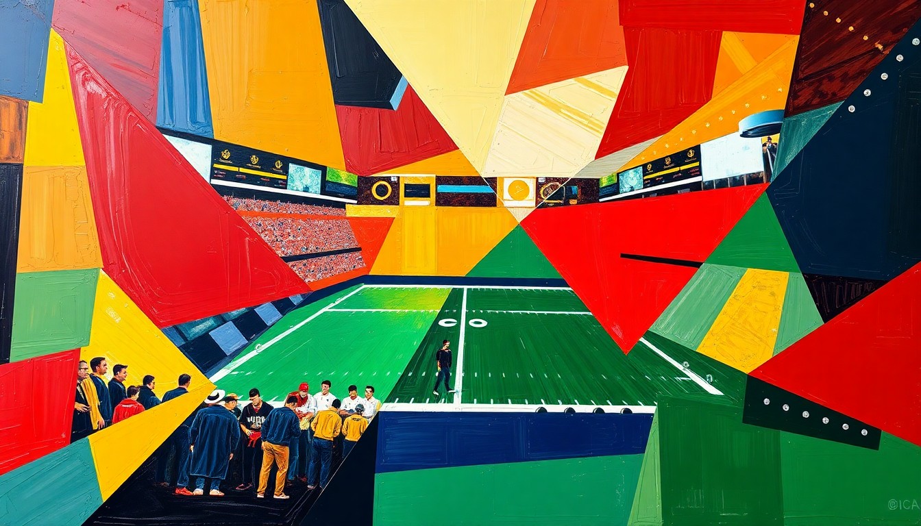 A cubist, geometric painting featuring overlapping planes of cardinal red, gold, navy blue, and forest green, conceptually representing the energy and anticipation of a college football media event.