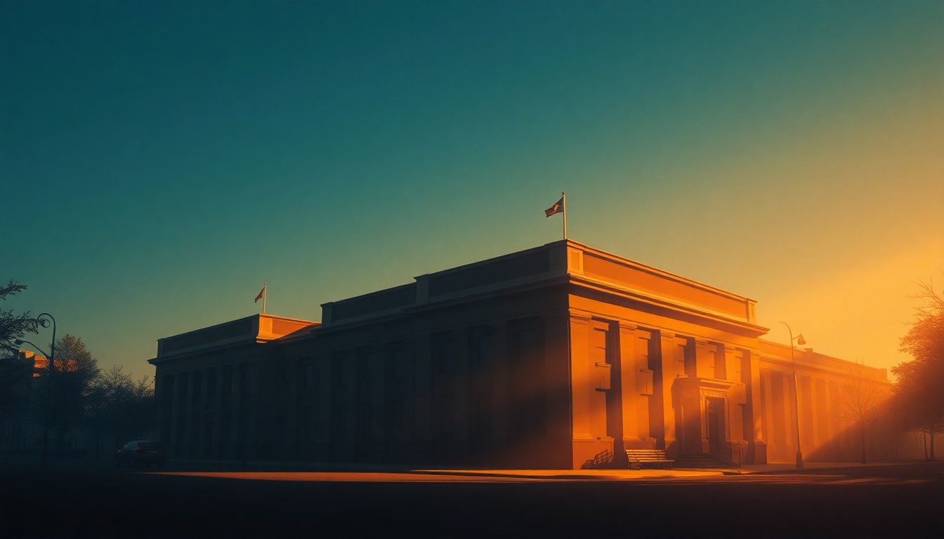 A serene, photorealistic painting of a government building in Wichita, Kansas, with warm sunlight casting long shadows across the facade and surrounding landscape, conveying a sense of civic duty and public trust.