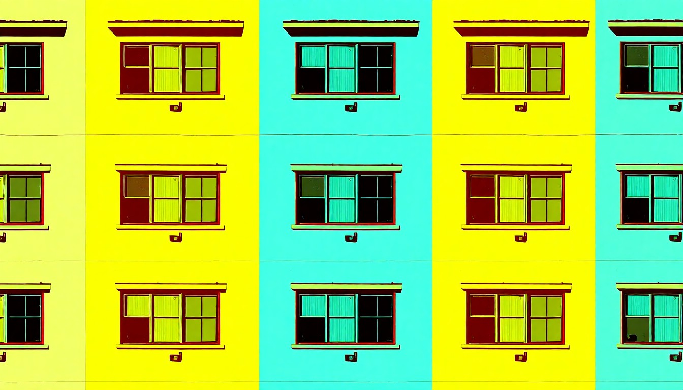 A high-contrast, brightly colored silkscreen print of a repeated apartment building facade, rendered in a stylized pop art aesthetic to conceptually represent the housing affordability challenges facing the Charlottesville community.