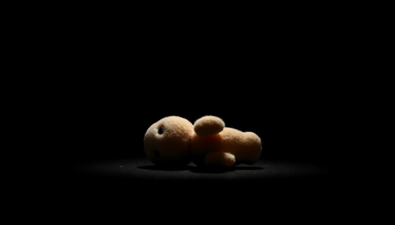 An extreme close-up photograph of a broken child's toy, such as a small stuffed animal, lit by a harsh, direct camera flash against a pitch-black background, conveying a sense of sudden, gritty, and investigative aesthetic without depicting any violence.
