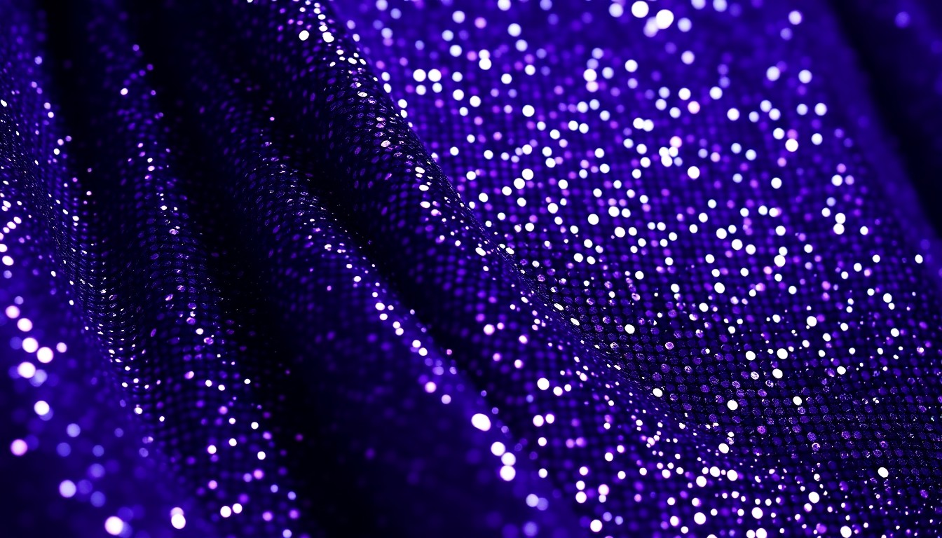 An extreme close-up of a shimmering, sequined fabric in a deep purple hue, capturing the luxurious texture and dramatic lighting of Anitta's second SNL performance outfit.