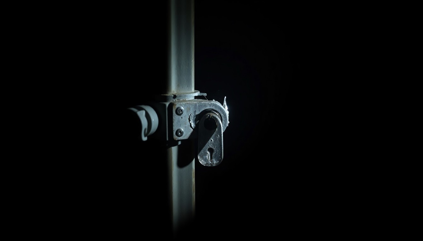 An extreme close-up photograph of a damaged jail cell door lock, the metal surface reflecting the harsh light of the camera flash against a pitch-black background, conceptually illustrating the violent assault that took place at the youth detention center.