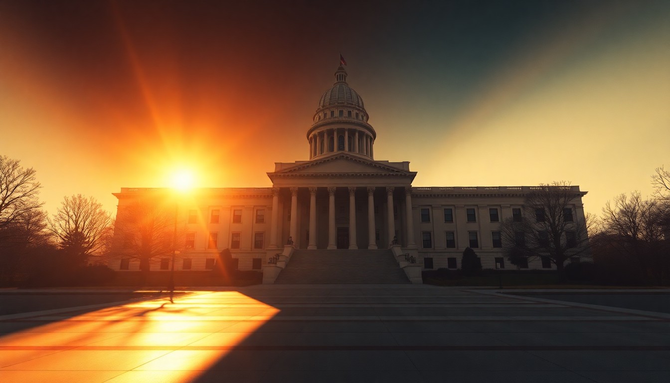 A cinematic painting of an empty Alabama state capitol building, with warm sunlight and deep shadows creating a sense of gravity and civic duty.
