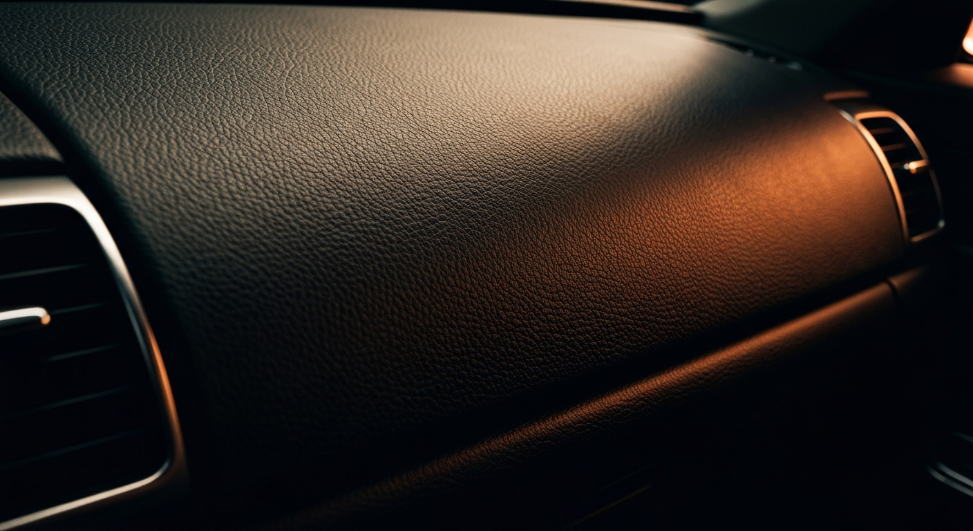 An extreme close-up of the pebbled leather texture of a car dashboard, captured in dramatic lighting and muted colors to convey the frustration and disappointment some customers have experienced with a local car dealership.