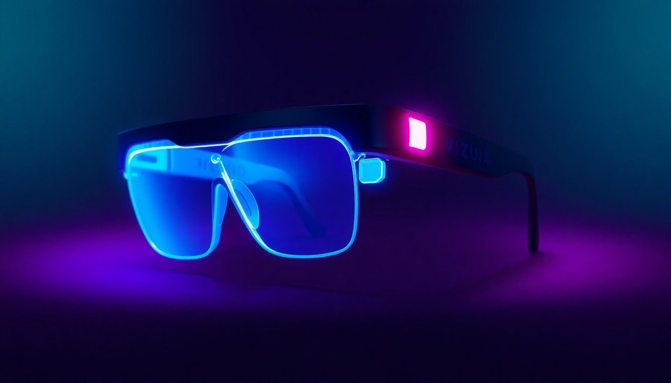 A highly detailed 3D illustration of a pair of futuristic smart glasses illuminated by neon cyan and magenta lights, representing the advanced technology powering Vuzix's new validation program for warehouse operations.