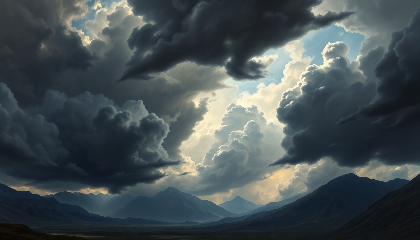 A dramatic landscape painting depicting a vast, ominous sky filled with dark, swirling clouds that dwarf the small structures and vehicles below, conveying the overwhelming power of an impending severe storm.