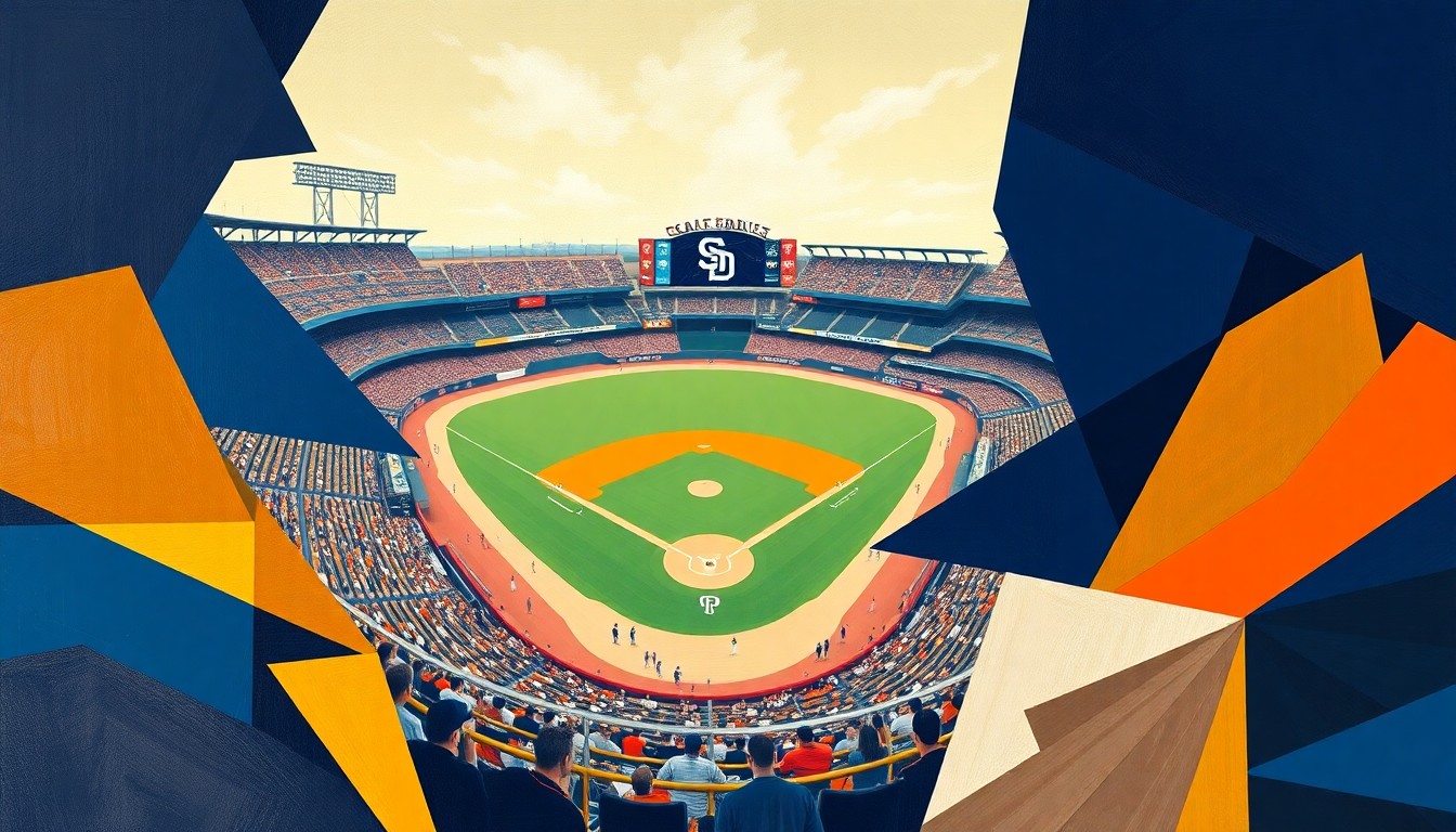 A cubist, geometric painting depicting a fractured, multi-angled view of a baseball stadium and players, rendered in the Padres' team colors of navy blue, sand, and orange, capturing the dynamic energy and potential transformation of the franchise.