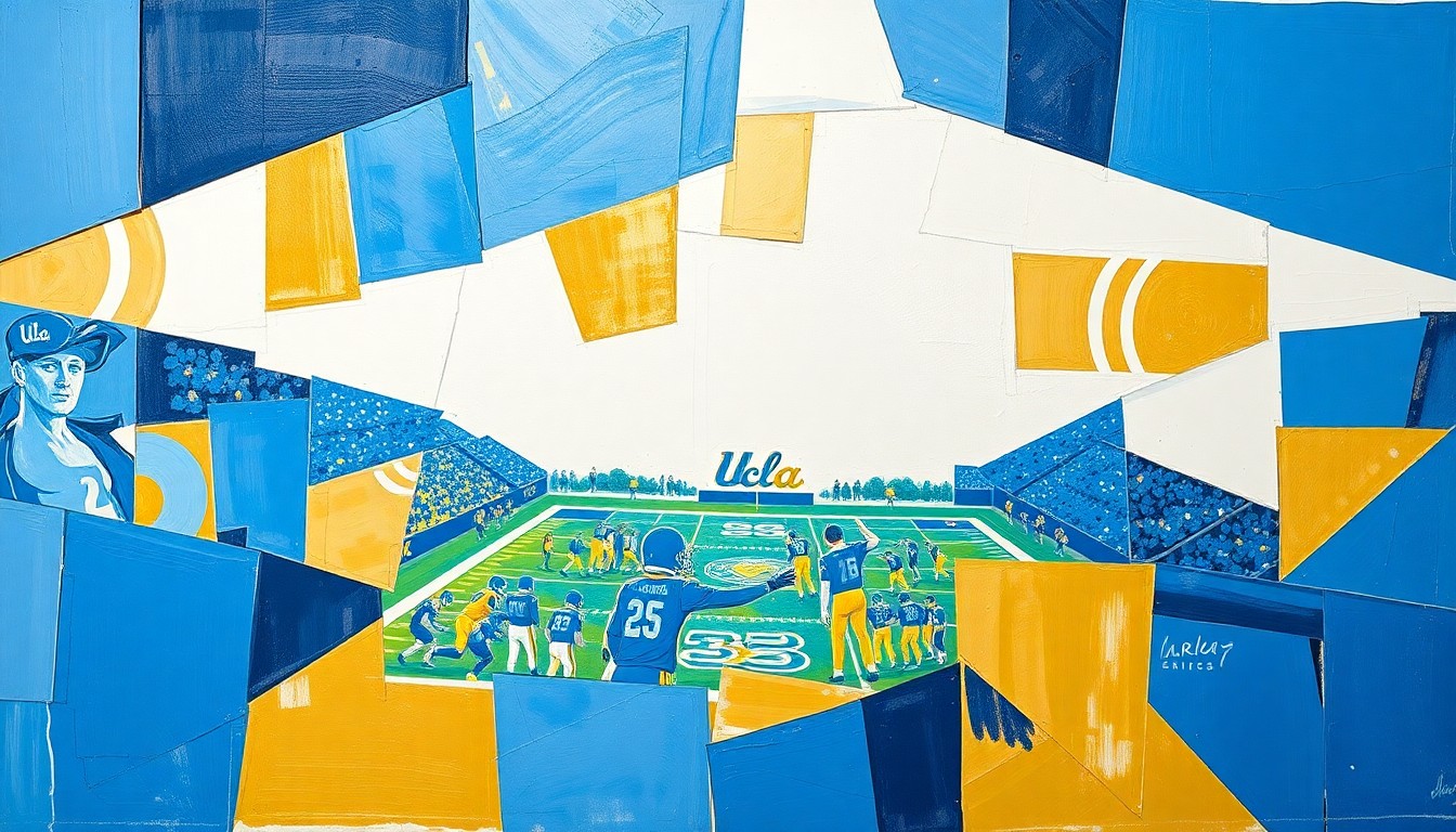 A cubist-style painting featuring overlapping geometric shapes and planes in shades of blue, gold, and white, conceptually representing the energy and legacy of UCLA's quarterback reunion event.