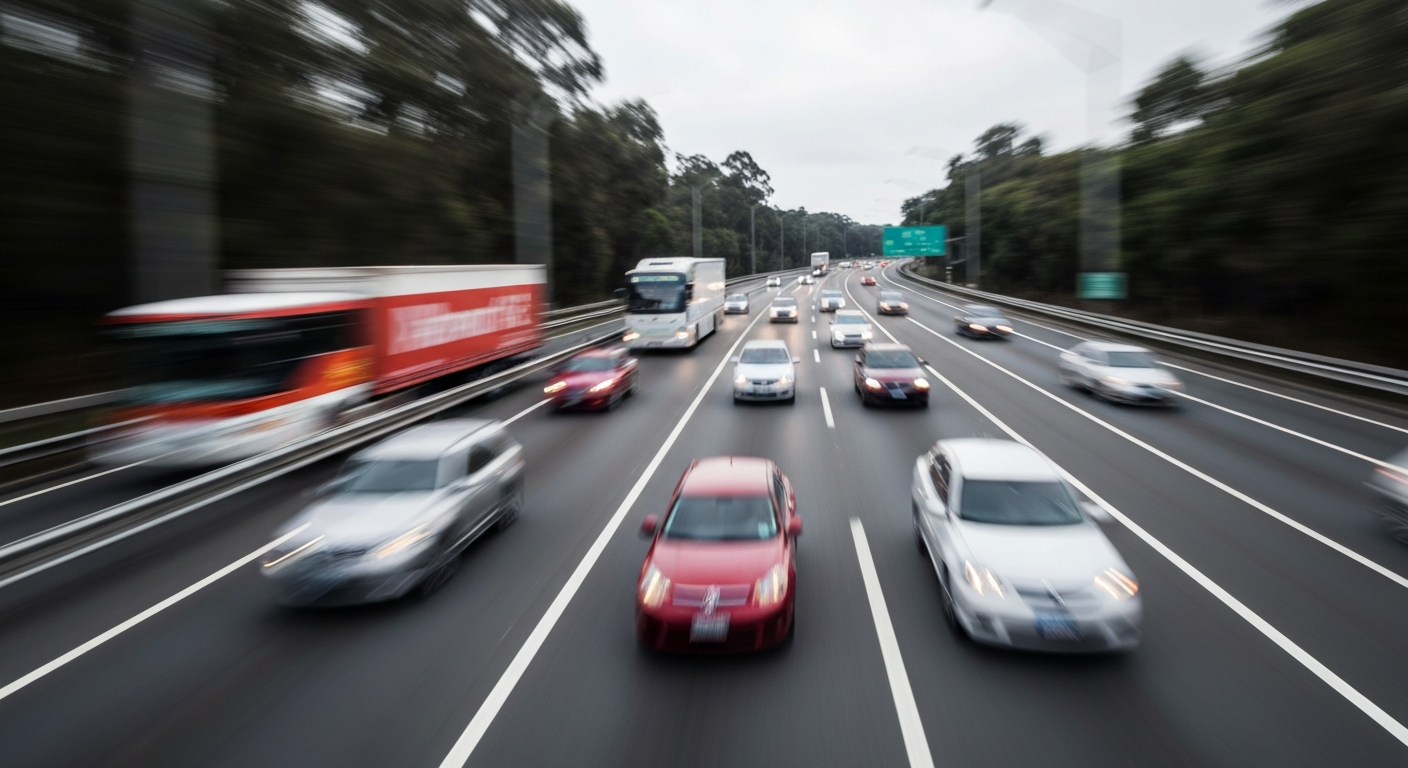 An abstract, blurred image of traffic on a highway, with streaks of bright colors representing the motion and energy of vehicles in motion.