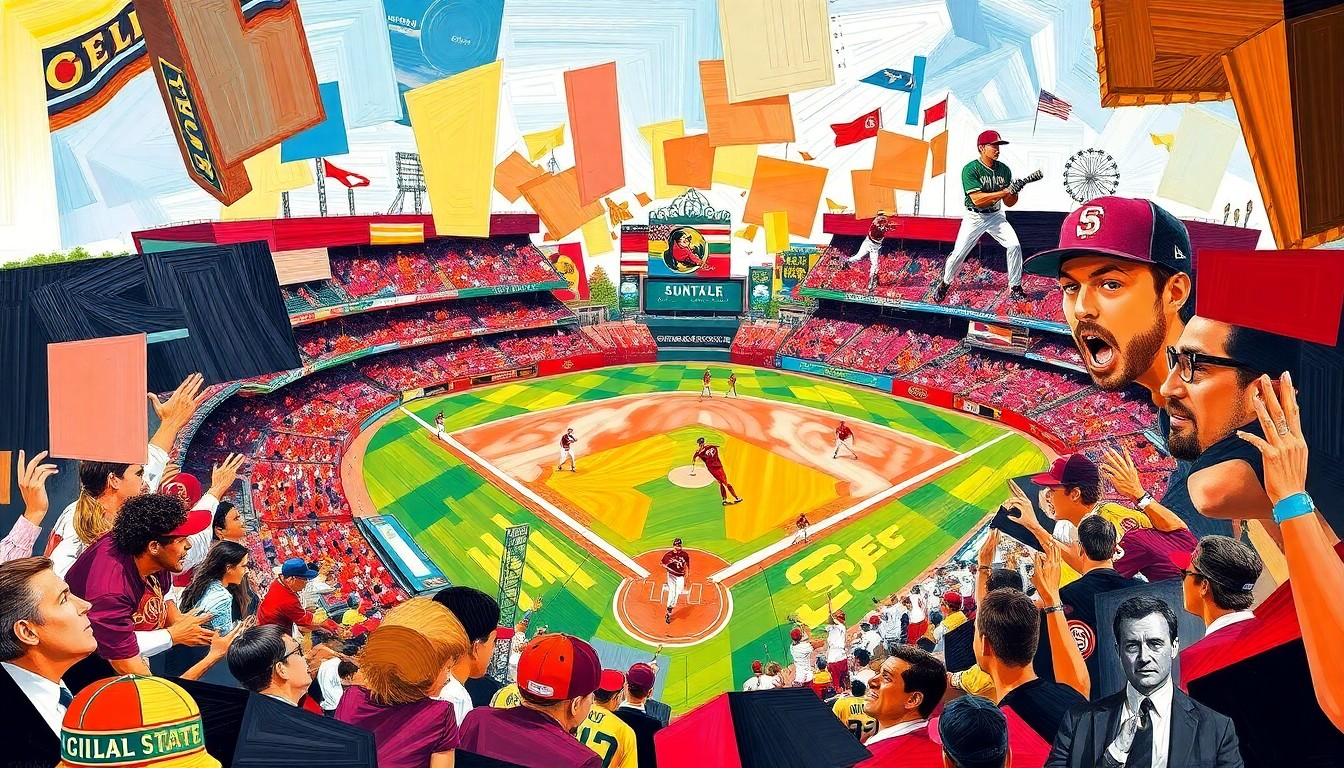 A fragmented, geometric painting in bold colors depicting the dynamic motion and energy of a college baseball game, with players and the field deconstructed into sharp, overlapping shapes.