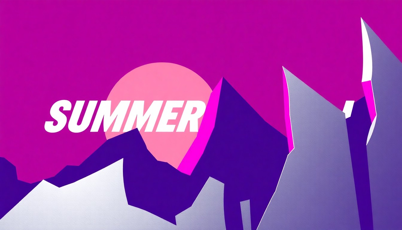 A dynamic abstract composition of jagged purple, pink, and silver geometric shapes, conceptually representing the diverse lineup and high-energy atmosphere of the 2026 Summer Smash music festival.