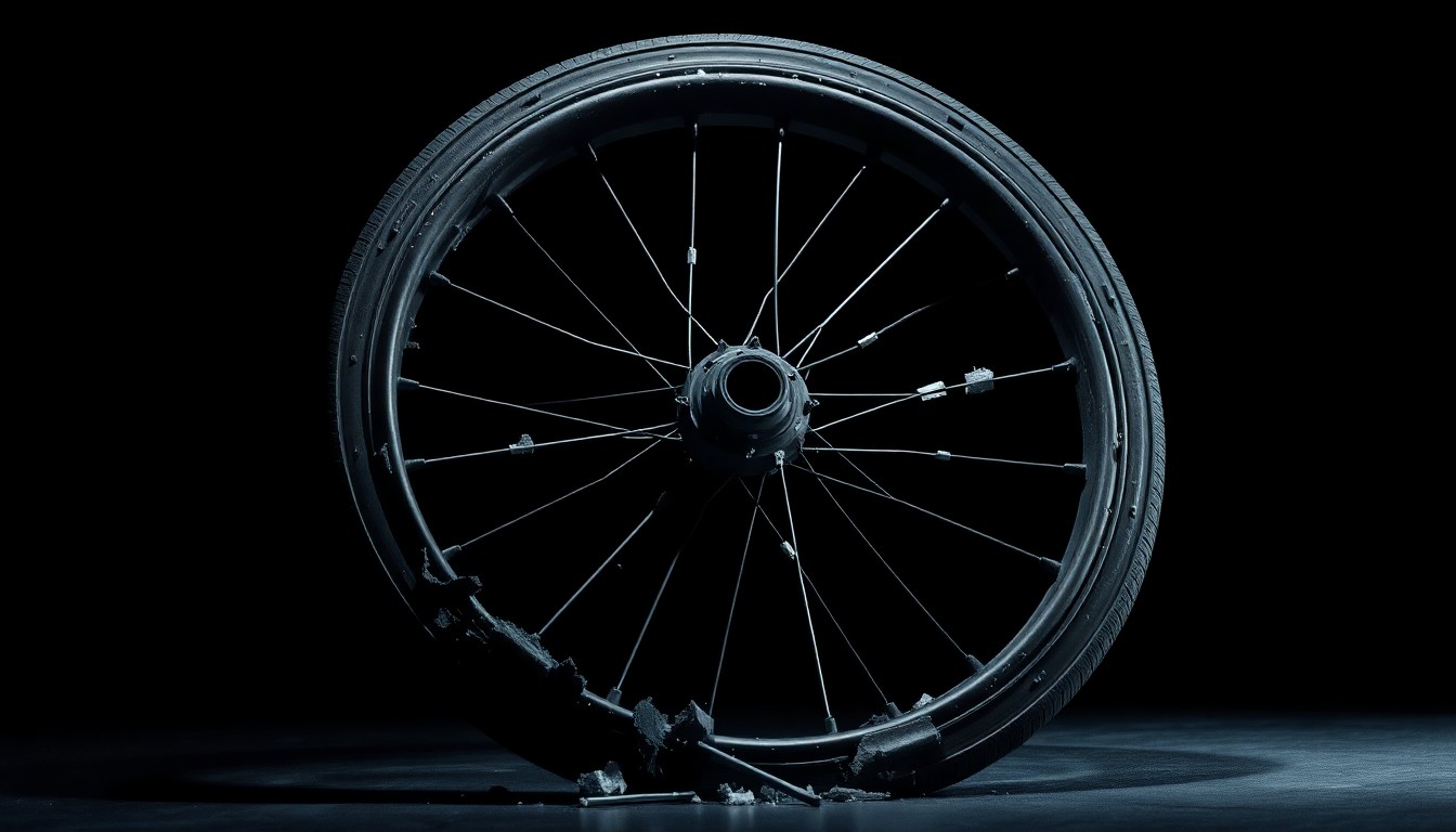 An extreme close-up photograph of a shattered wheelchair wheel rim against a pitch-black background, conceptually representing the tragic aftermath of a fatal collision involving a pedestrian in a wheelchair.