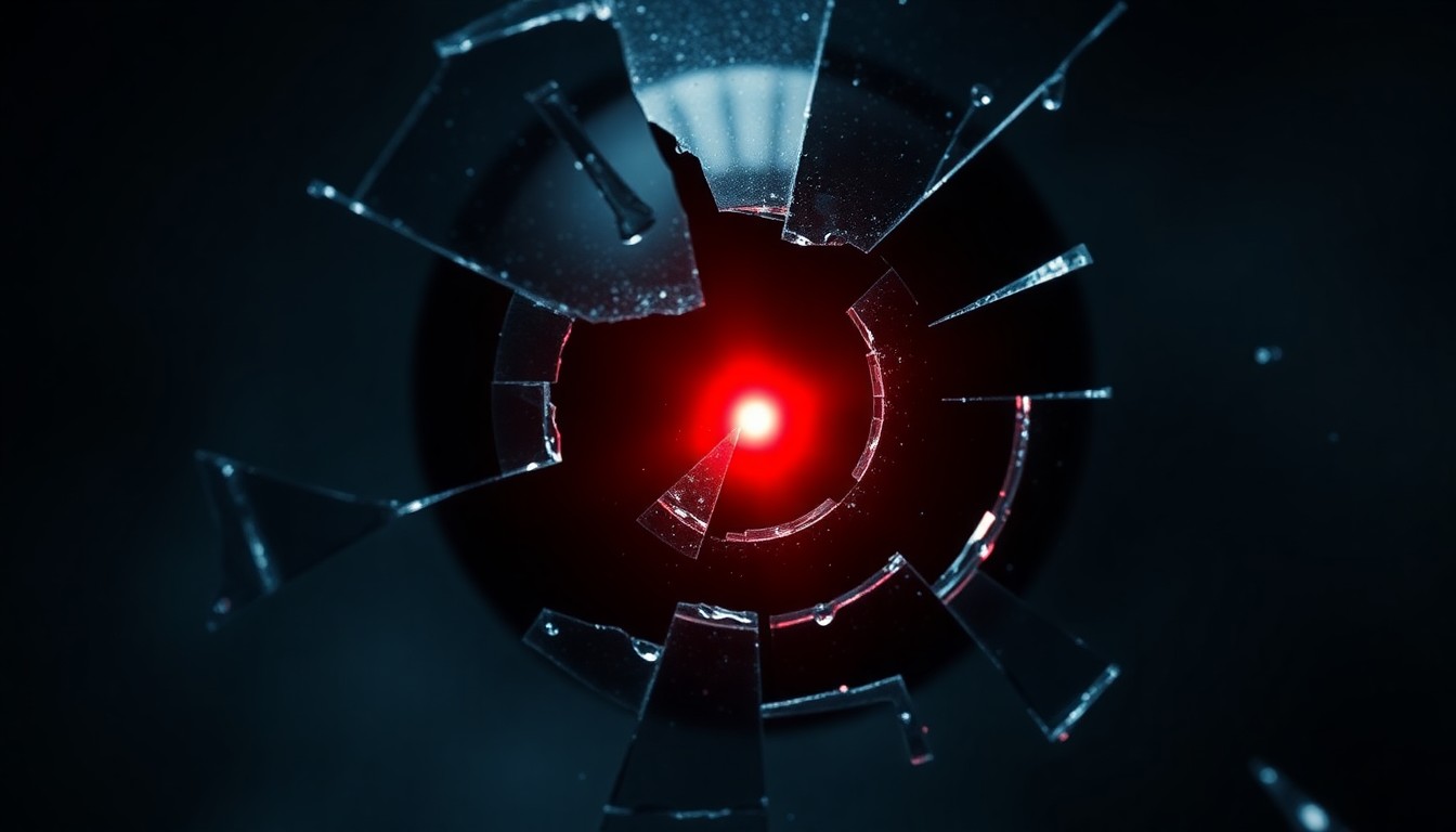 An extreme close-up of a shattered glass lens reflecting a faint red light, conceptually representing the tension and conflict between Marvel and DC superheroes.