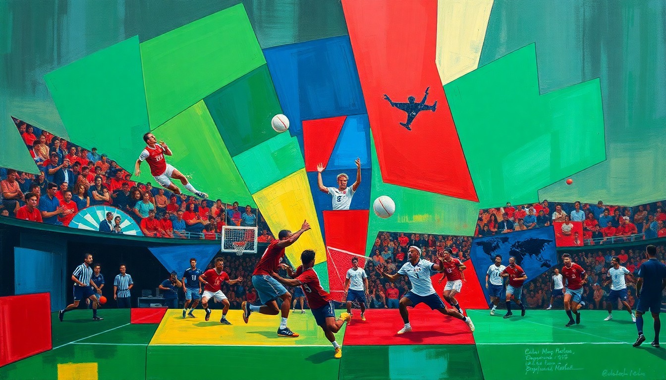 A fractured, cubist-style painting depicting various sports activities like soccer, basketball, and baseball broken down into overlapping geometric shapes and planes of bright, vivid colors.