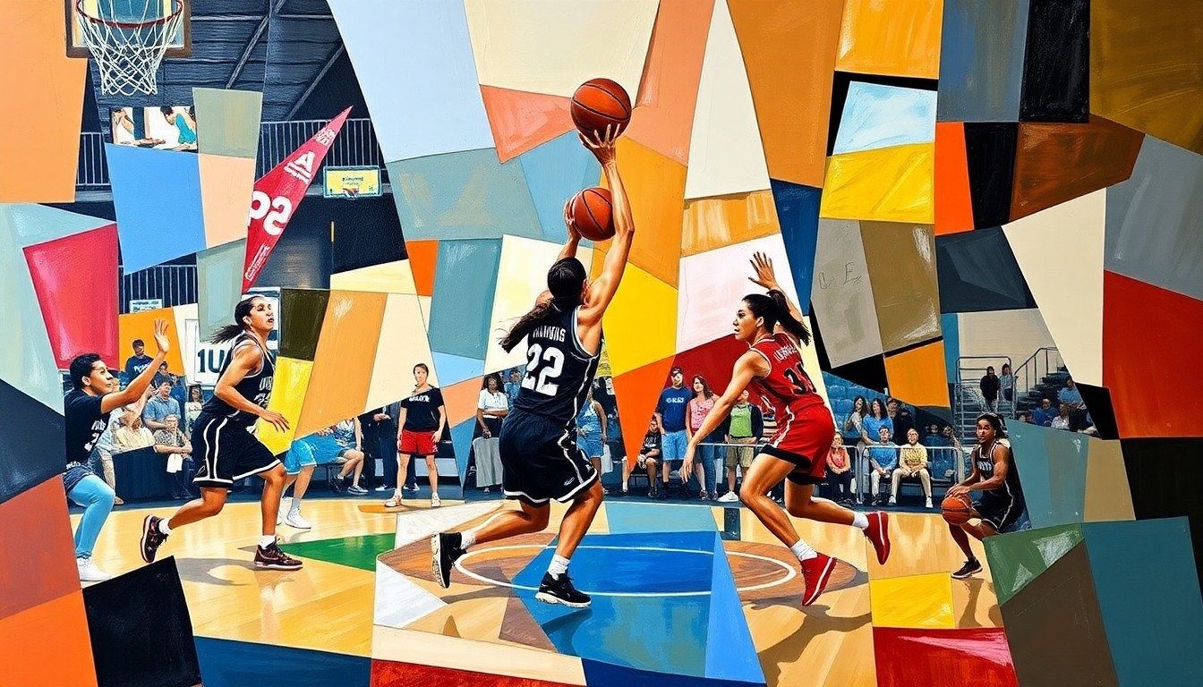 A cubist, geometric painting depicting the chaotic energy of a women's basketball game, with overlapping shapes and planes of color representing the dynamic action on the court.