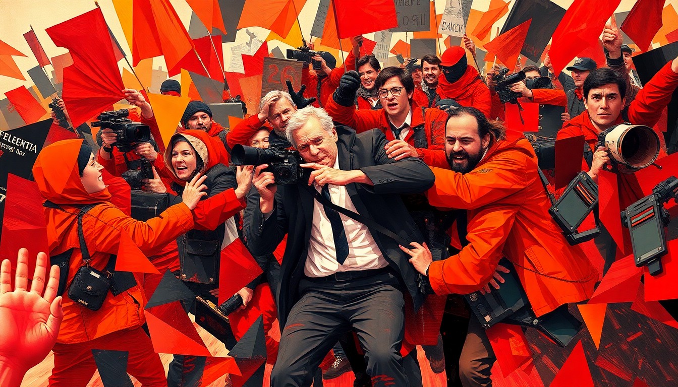 A dynamic, fragmented painting depicting a journalist being assaulted by a group of protesters, with overlapping geometric shapes and bold, clashing colors conveying the chaos and violence of the incident.