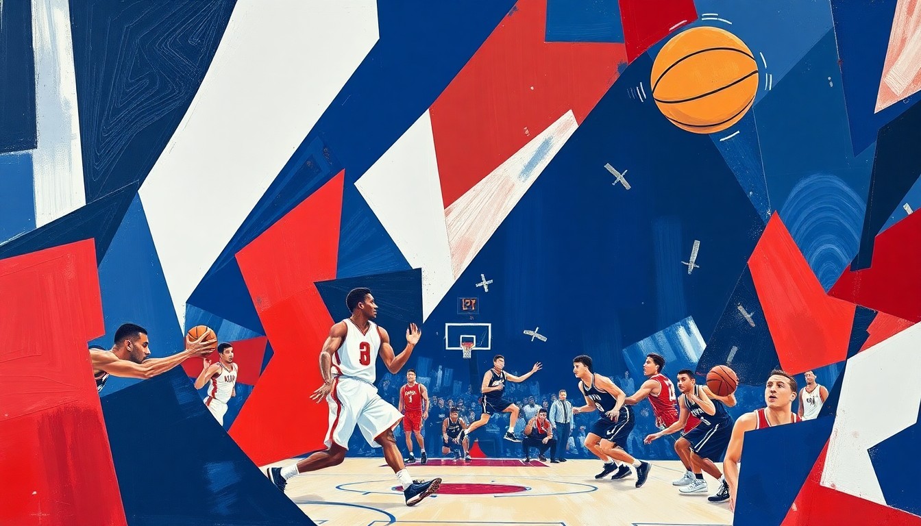 A fragmented, geometric painting depicting the dynamic movements and energy of a basketball game, rendered in a cubist style using bold primary colors.