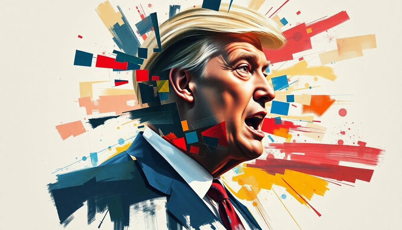 A dynamic, abstract painting with overlapping, fractured geometric shapes and waves of color, conceptually representing the political debate over a California bill that aims to balance privacy and transparency.