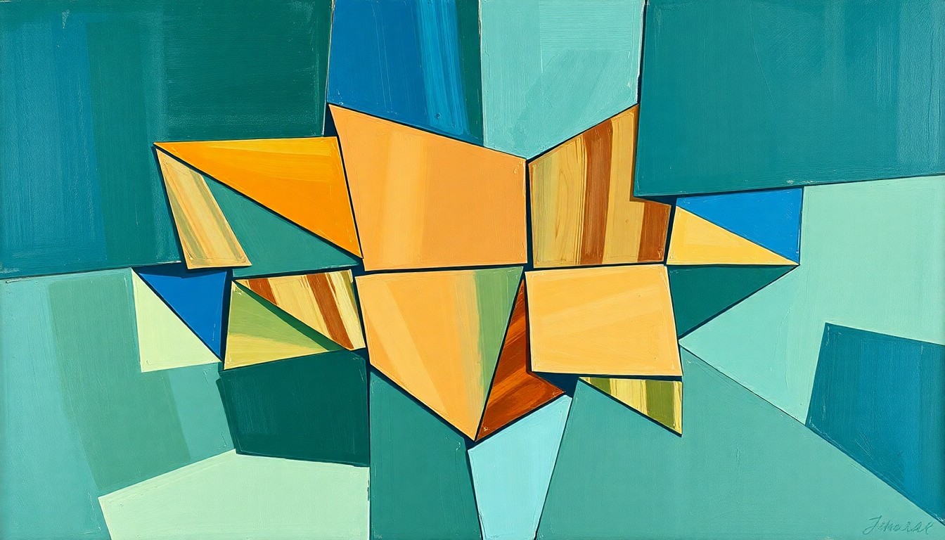 A cubist-style painting depicting a fragmented, geometric interpretation of a defensive line, with sharp planes of blue, green, and brown hues, conveying the conceptual uncertainty surrounding the Giants' defensive tackle position.
