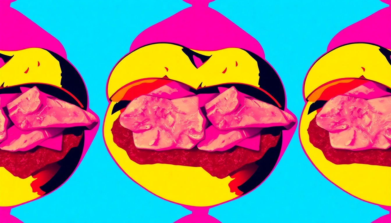 A brightly colored, high-contrast silkscreen print of a single, iconic bagel with gefilte fish, sweet charoset, and beet horseradish repeated in a tight grid pattern, conceptually representing the award-winning sandwich that brought recognition to a Pacific Beach bagel shop.