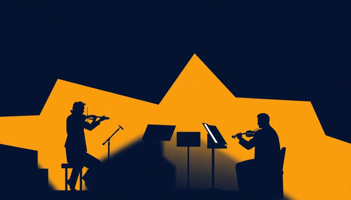 An abstract, minimalist illustration featuring sharp, geometric shapes in deep blue and gold, conveying the energy and artistry of a classical music performance.