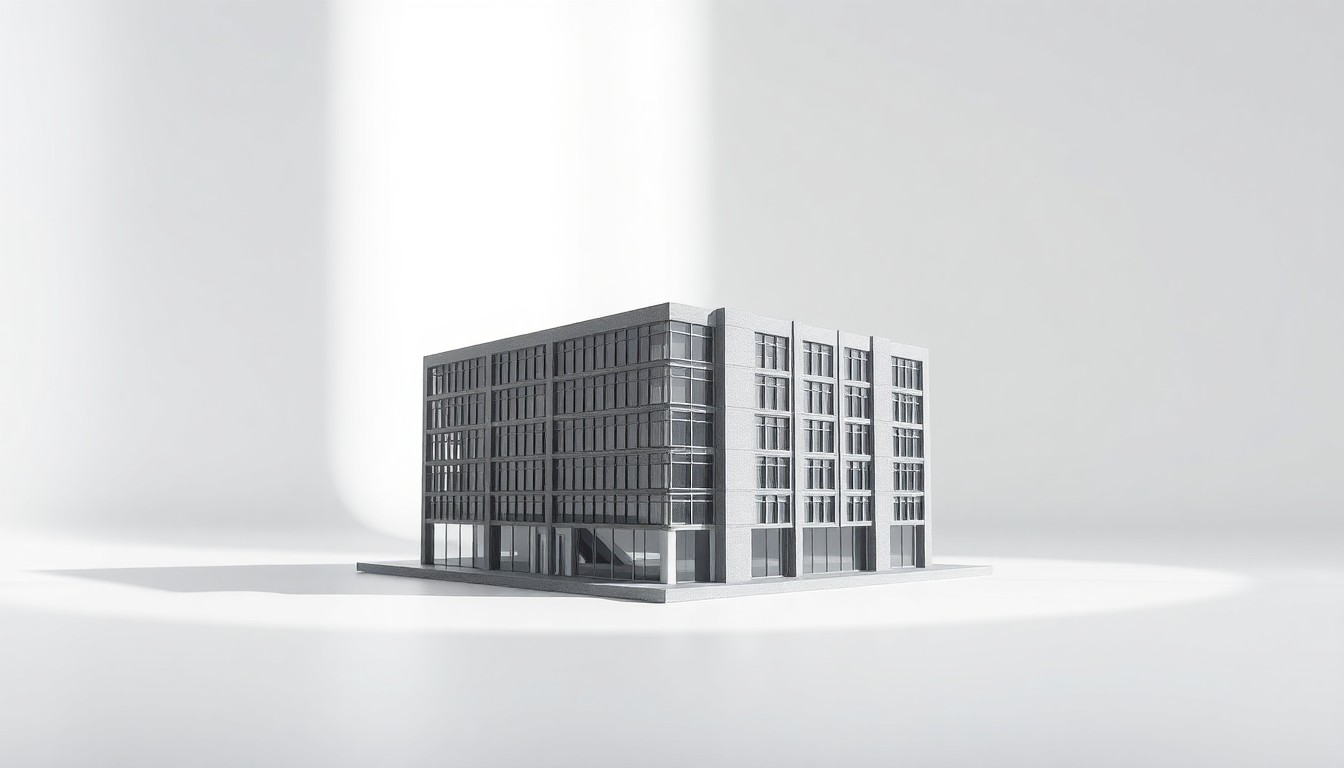 A photorealistic studio still life depicting a polished, geometric model of a modern commercial building or office complex, made from premium materials like brushed metal, glass, and concrete, floating on a clean white background and illuminated by dramatic studio lighting to conceptually represent the abstract concepts of economic development, urban planning, and community growth.
