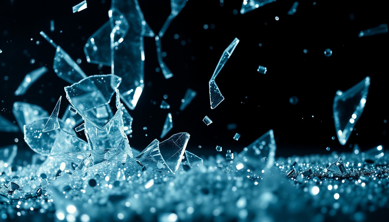 An abstract close-up photograph featuring shattered glass and glittering sequins in dramatic, high-contrast studio lighting, conceptually representing the hidden darkness within the entertainment industry.