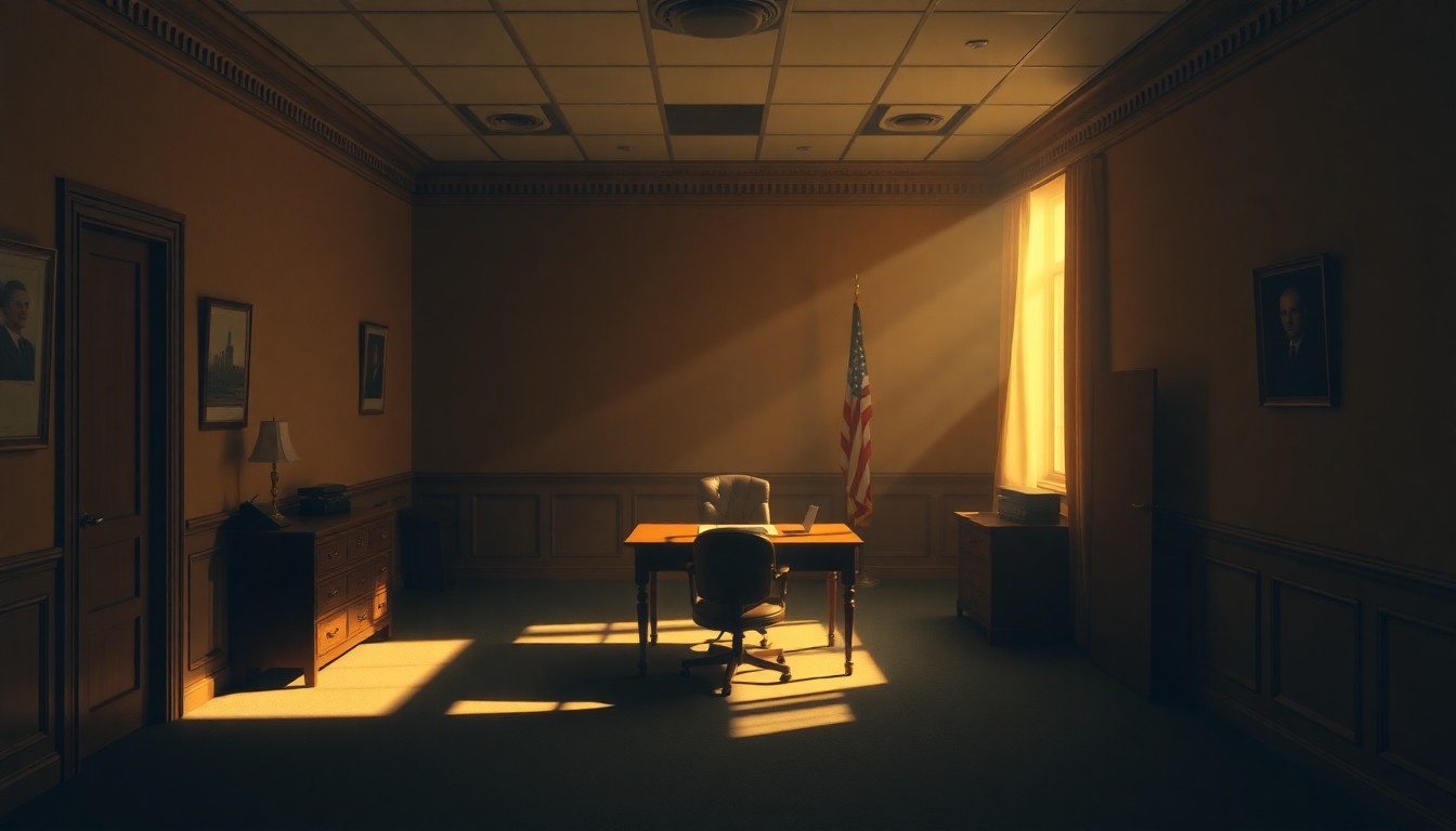 A dimly lit, cinematic painting of an empty congressional office with a single desk and chair, the room bathed in warm, diagonal sunlight and deep shadows, conveying a sense of solitude and melancholy.
