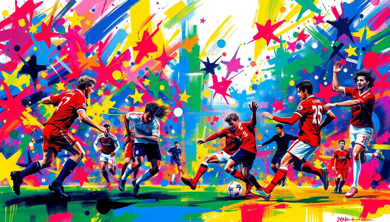 An abstract, energetic painting in a vibrant expressionist style, with rapid brushstrokes and neon colors capturing the raw intensity of a Premier League football match, players' forms dissolving into unrecognizable splatters of color.