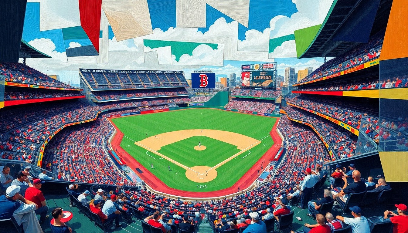 A cubist, geometric painting depicting a 'beep baseball' game at Fenway Park, with the field, players, and stadium seating broken down into sharp, overlapping planes of vibrant colors.