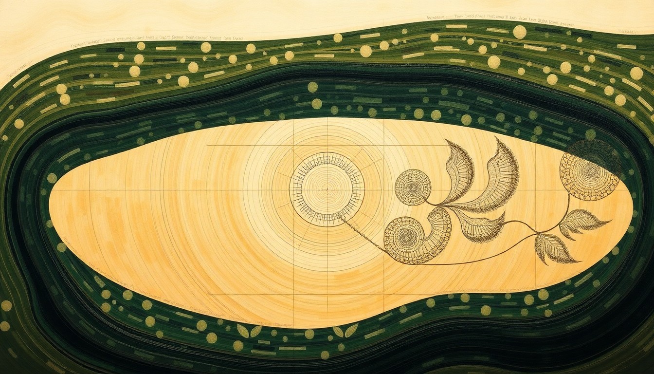 A highly structured abstract painting in soft earth tones, featuring sweeping geometric arcs, concentric circles, and precise botanical spirals, conceptually representing the complex natural forces and fragile ecosystem of the Indian River Lagoon.