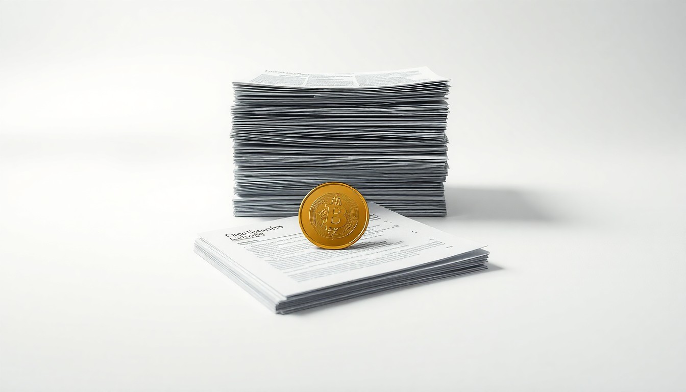 A photorealistic studio still-life featuring a stack of financial documents and a single gold coin on a clean, monochromatic background, conceptually representing the abstract corporate strategy and market risk at the heart of the lawsuit against Apollo Global Management.