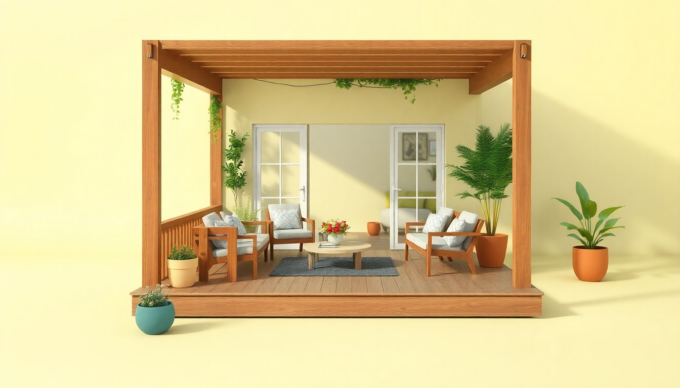 A miniature, stylized 3D digital illustration of a cozy outdoor living space with a wooden deck, patio furniture, and lush greenery, conceptually representing the premium quality of Tampa Deck Builders' services.