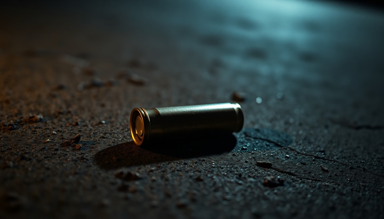 An extreme close-up photograph of a single spent shell casing on a dark concrete surface, lit by a harsh, direct camera flash, conceptually representing the aftermath of a police shooting incident.