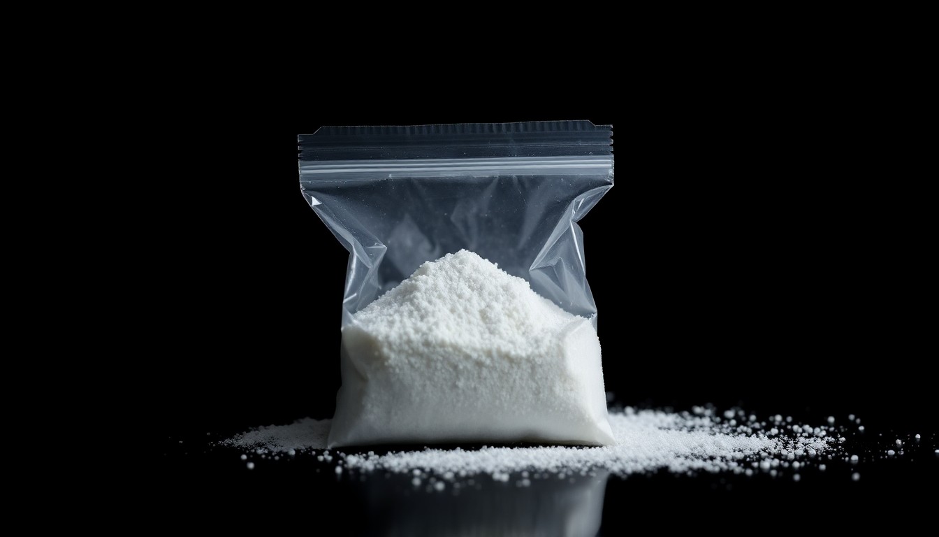 An extreme close-up of a small plastic bag containing a white crystalline substance, dramatically lit by a harsh flash against a dark background, conceptually representing the seizure of illicit drugs by law enforcement.