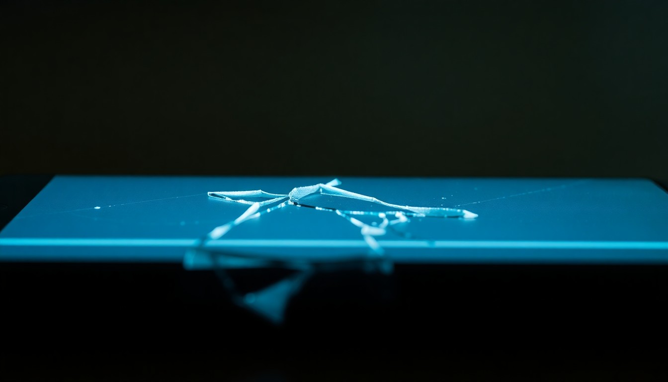 An extreme close-up of a shattered smartphone screen, reflecting a faint glow, conceptually representing the online threats made by the Butler man.